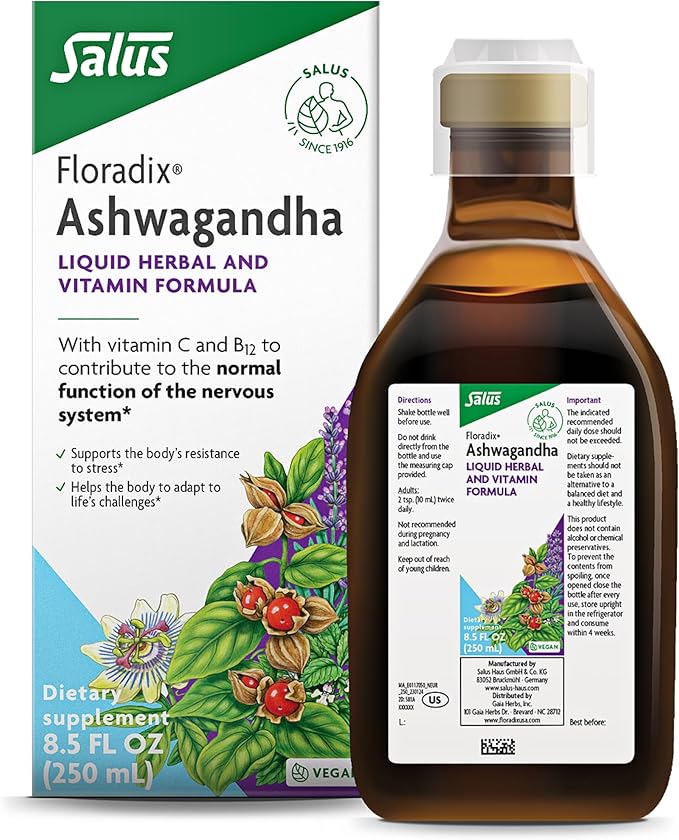 Floradix Ashwagandha Liquid Herbal & Vitamin Formula - Herbal Supplement with Ashwagandha Extract, Vitamin C, Vitamin B12 & More - Stress Support Formula* - Vegan & Non-GMO - 8.5 fl oz
