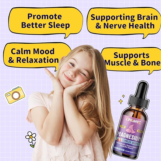 Kids Magnesium Liquid Drops-Magnesium Glycinate Liquid for Kids Supplement-w/L-theanine, Omega-3, Vitamin B6, D3 - for Sleep, Relaxation, Brain, Bones - 4 Fl Oz Children's Calm