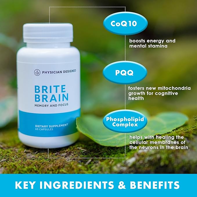 Physician Designed Brite Brain Supplement | Ultra CoQ10 with PQQ | for Energy, Focus & Brain Health | Micro Active | Anti-Aging| CoQ10 | All Ages | 60 Capsules