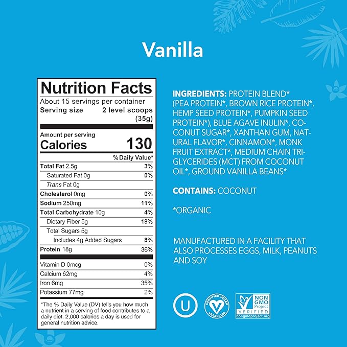 ALOHA Organic Plant Based Protein Powder, Stevia Free, Vanilla, 19.6 oz, 15 Servings PACKAGING MAY VARY