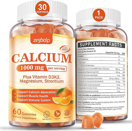 1000 mg Calcium Citrate Supplement Gummies for Adults - Calcium Gummies with Vitamin D3, K2, Magnesium, Strontium for Women, Men - Support Calcium Absorption & Immune System