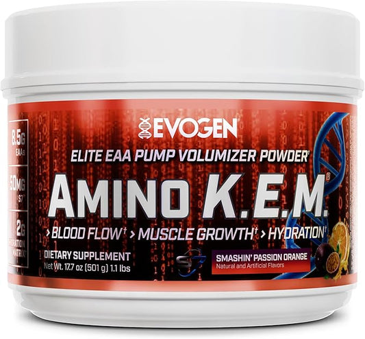 Evogen Amino KEM - Elite EAA Pump Volumizer | Supports Blood Flow, Muscle Growth, Hydration | Full Spectrum EAAs & BCAAs, S7 Nitric Oxide Blend | Smashin' Passion Orange | 30 Servings