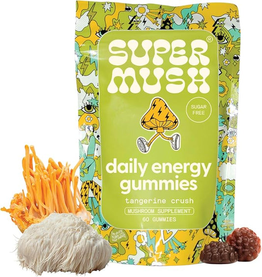 Energy Mushroom Gummies - Organic Lions Mane Supplement with Cordyceps, Rhodiola, L-Theanine, Maca - Vegan & Sugar-Free - Energy, Focus, Stamina, Stress Reduction - 60 Gummies (30 Servings)
