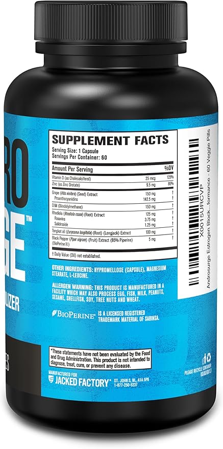 Jacked Factory Androsurge Estrogen Blocker for Men - Natural Testosterone Booster for Men & Estrogen Metabolizer with Tongkat Ali, DIM, Long Jack & More - Test Booster & Muscle Builder - 60 Count