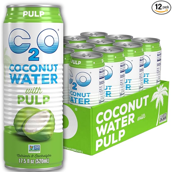 C2O - Coconut Water with Pulp (12 Pack) - Made with Fresh Coconut Water - Plant Based - Non GMO - Canned Water - Natural Hydration, Essential Electrolytes, & Potassium - 12 Cans, 17.5 FL OZ
