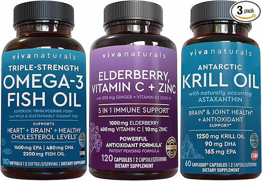 Antarctic Krill Oil, Elderberry Vitamin C & Zinc and Triple-Strength Omega 3 Fish Oil Bundle, 1250 mg Krill Oil and 2,500 mg Fish Oil Providing Omega 3 EPA and DHA, Elderberry for Immune Support