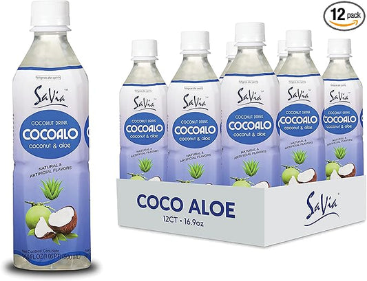 "Savia - Coconut Aloe Vera Drink, Quality Aloe-Based Beverage, Made with Real Aloe Pulp & Natural, Delicious & Refreshing, Vegetarian, Gluten-Free, Fat-Free (16.9oz, 12-Pack)"