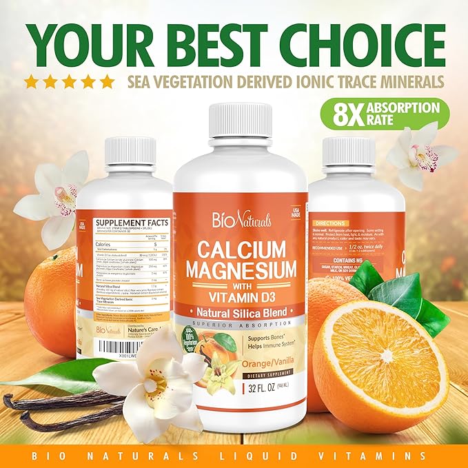 Bio Naturals Calcium & Magnesium Liquid Supplement with Vitamin D3 - Natural Formula, FOUR Types of Calcium Supports Strong Bones with Superior Absorption to Pills - 100% Vegetarian - 32 fl oz