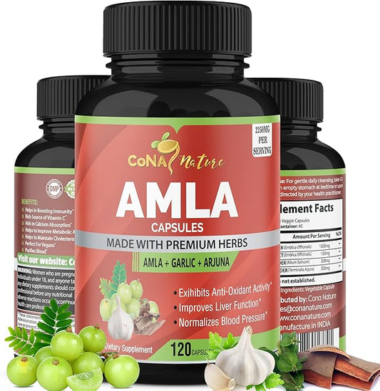 Organic Amla Capsules 2250mg & Arjuna, Garlic |Natural Vitamin C Supplements, High Antioxidants, Rejuvenator |Supports Immunity, Energy Booster |Gluten Free Vegan India Amalaki Extract Fruit, 120 Caps