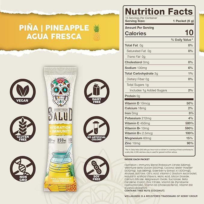 Salud 2-in-1 Hydration Packets + Immunity Electrolytes Powder, Pineapple - Agua Fresca Drink Mix, Elderberry, Dairy & Soy Free, Non-GMO, Gluten Free, Vegan, Low Calorie, 1g Sugar (15 Servings)