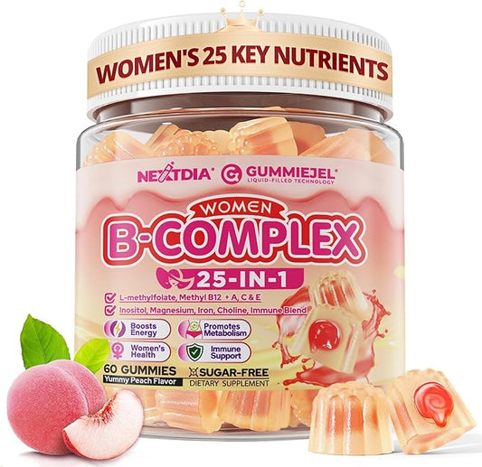 Vitamin B Complex Gummies for Women Sugar Free, Super Methylated B Complex w/ Methyl B12, L-methylfolate, Iron, Vitamin C, Inositol, Magnesium, Choline, Biotin, B2 B3 B5 B6, Orgainc Fruit Blend, 60Cts