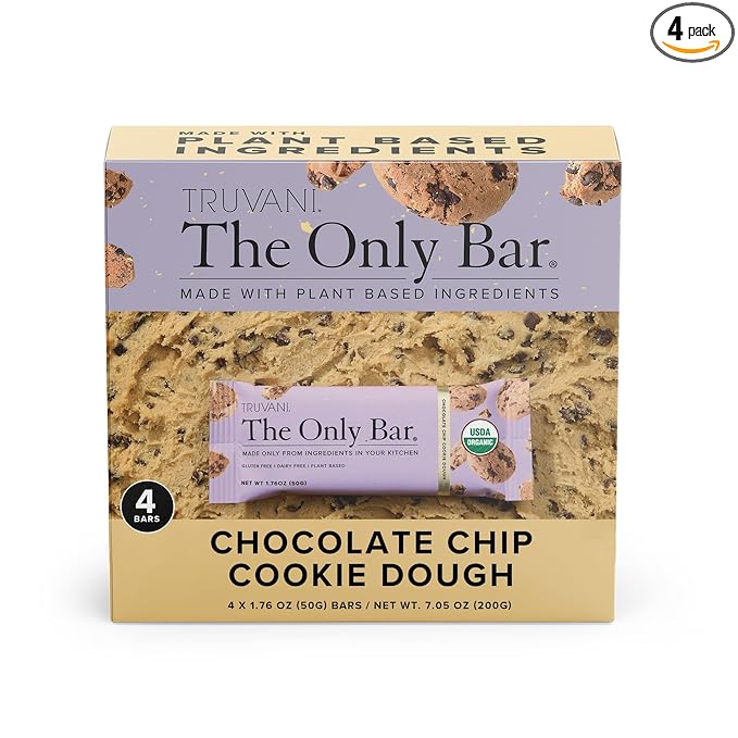 Truvani Plant Based Snack Bars | Chocolate Chip Cookie Dough 4 Pack | 5g Protein | USDA Organic and Vegan | The Only Bar | Dairy, Soy, and Gluten Free | Individually Wrapped