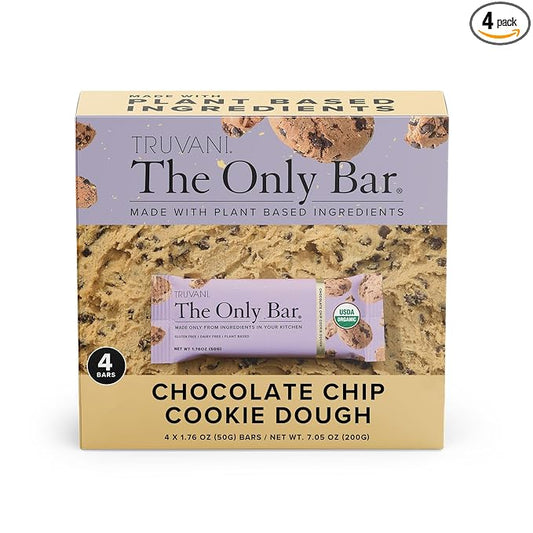 Truvani Plant Based Snack Bars | Chocolate Chip Cookie Dough 4 Pack | 5g Protein | USDA Organic and Vegan | The Only Bar | Dairy, Soy, and Gluten Free | Individually Wrapped