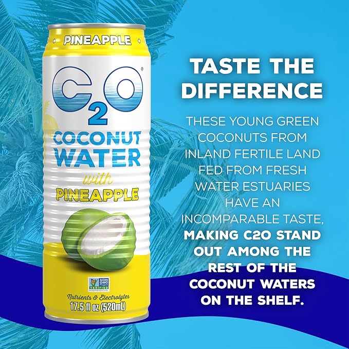 C2O - Coconut Water with Pineapple (12 Pack) - Made with Fresh Coconut Water - Plant Based - Non GMO - Canned Water - Natural Hydration, Essential Electrolytes, & Potassium - 12 Cans, 17.5 FL OZ