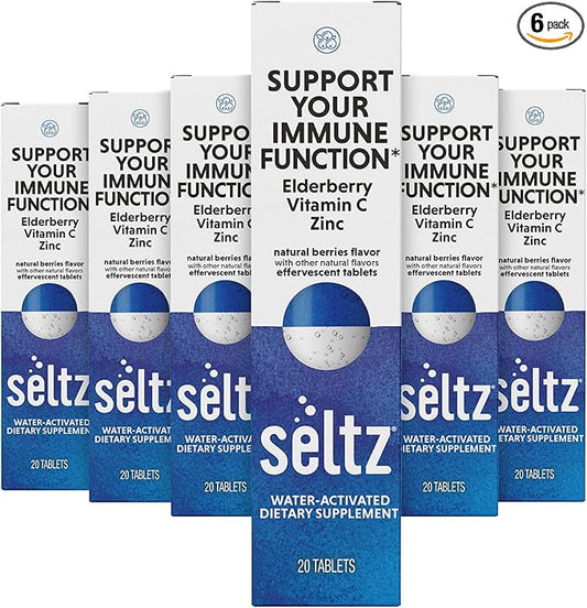 Seltz® Water-Activated Vitamins - Support Your Immune Function - Vitamin C, Elderberry Extract, and Zinc – Natural Berries Flavor Dietary Supplement - 6 Packs x 20 Effervescent Tablets Each
