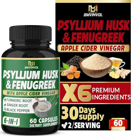 BMVINVOL 6in1 Psyllium Husk, Fenugreek, Apple Cider Vinegar, Turmeric, Ginger, Black Pepper - Soluble Fiber for Supports Digestive Health & Regularity (60 Capsules)