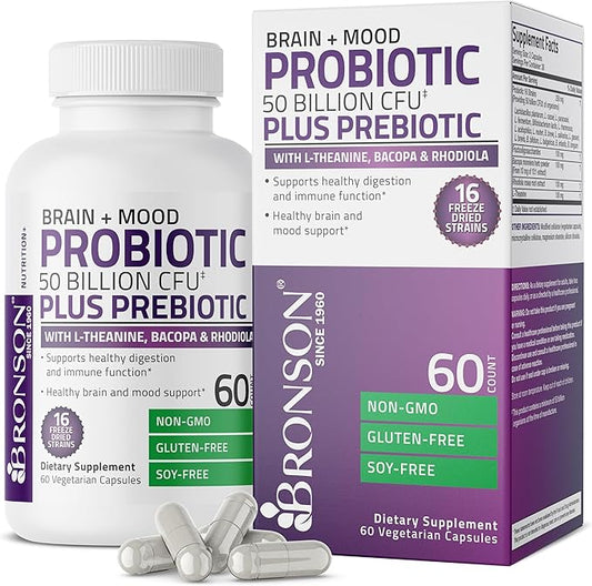 Bronson Brain + Mood Probiotic 50 Billion CFU Plus Prebiotic with L-Theanine, Bacopa and Rhodiola Non-GMO, 60 Vegetarian Capsules