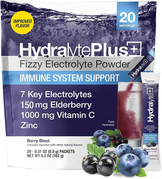 Hydralyte Electrolytes Plus Immunity, Elderberry - Low Sugar Rapid Rehydration Powder - Lightly Sparkling Electrolyte Powder Packets with 1,000mg Vitamin C and 300 mg Elderberry (8oz Serve, 20 Count)