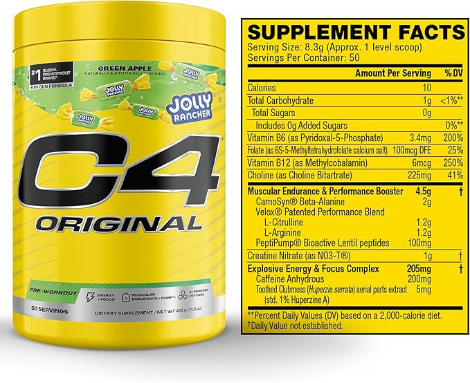 Cellucor C4 Original Pre Workout – Jolly Rancher Green Apple - Pre-Workout for Endurance, Focus & Performance with 200mg Caffeine, Beta-Alanine, Creatine Nitrate, L-Arginine & PeptiPump – 50 Servings