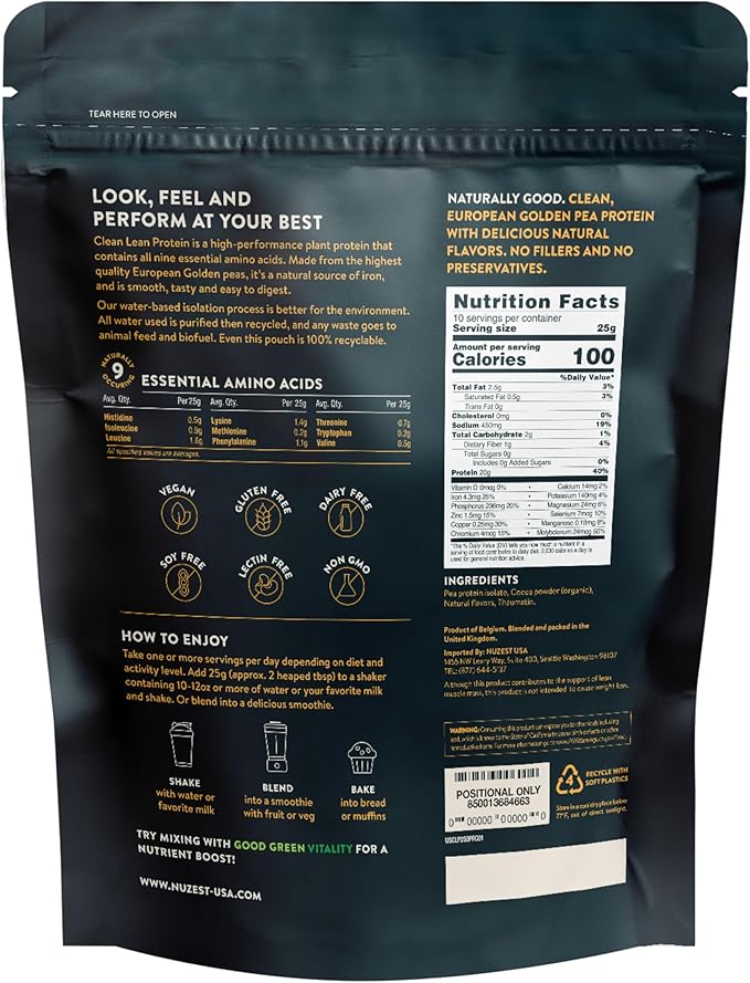 Nuzest - Vegan Pea Protein Powder - Clean Lean Protein, Premium Plant Based Protein Powder, Dairy Free, Gluten Free, GMO Free Protein Shake, Rich Chocolate, 8.8 oz