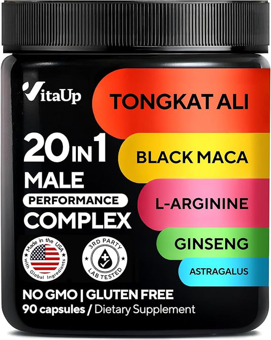 Tongkat Ali for Men 20 in 1 with Astragalus - USA Made Mens Supplement Complex with Black Maca Root, L-Arginine, Ginseng, Calcium, Astragalus for Normal Strength & Endurance Support - 90 Caps