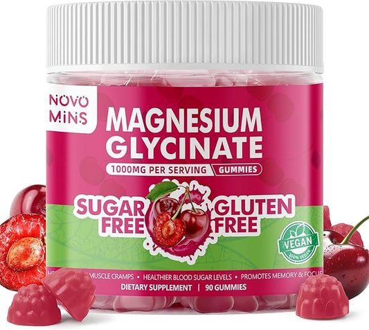 90 CT Magnesium Glycinate Gummies 1000mg - Sugar Free Magnesium Potassium Supplement with Vitamin D, B6, CoQ10 for Calm Mood & Sleep Support - 90 Cherry Gummies.