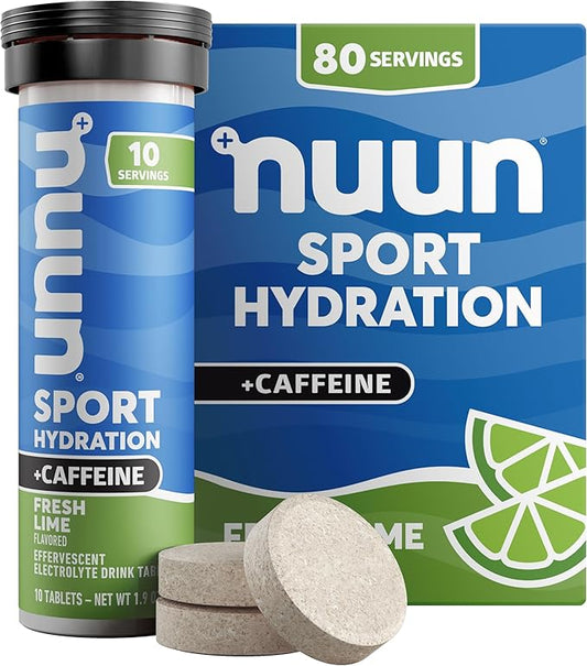 Nuun Sport Electrolyte Tablets with Caffeine from Green Tea Extract, Magnesium, Calcium, Potassium, Chloride & Sodium, Gluten Free & Vegan, Fresh Lime, 8 Pack (80 Servings Total)