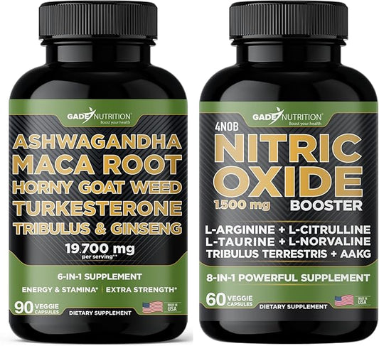 Gade Nutrition Ashwagandha with Maca Root, Horny Goat Weed, Turkesterone, Tribulus Terrestris, Panax Ginseng + Nitric Oxide Booster - Bundle for Energy, Vitality, Performance, Pump
