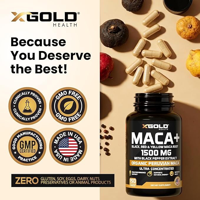 X Gold Health Organic Maca Root Powder Capsules 1500mg with Black | Red & Yellow Peruvian Maca Root Extract Gelatinized, Energy & Mood Supplement for Men & Women + Black Pepper for Best Benefits