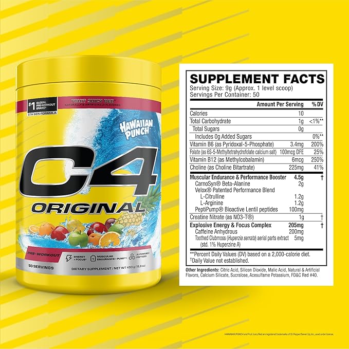 C4 Original Pre Workout – Hawaiian Punch - Pre-Workout for Endurance, Focus & Performance with 200mg Caffeine, Beta-Alanine, Creatine Nitrate, L-Arginine & PeptiPump – Sugar Free, 50 Servings