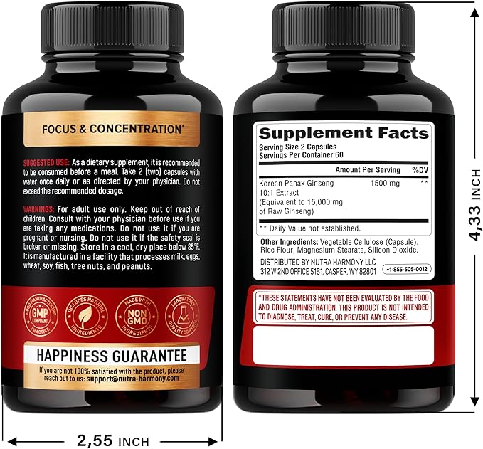 Panax Ginseng 15,000 mg - Red Korean Ginseng Supplement for Men - Extra Strength 10:1 Extract - Energy, Focus, Productivity & Performance - Natural & Vegan - Made in USA - 120 Capsules, 2 Month Supply