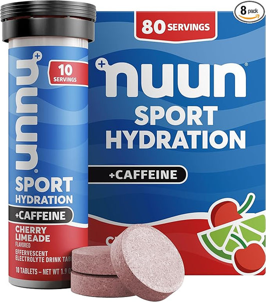 Nuun Sport Electrolyte Tablets with Caffeine from Green Tea Extract, Magnesium, Calcium, Potassium, Chloride & Sodium, Gluten Free & Vegan, Cherry Limeade, 8 Pack (80 Servings Total)