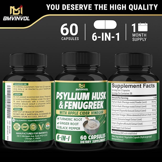 BMVINVOL 6in1 Psyllium Husk, Fenugreek, Apple Cider Vinegar, Turmeric, Ginger, Black Pepper - Soluble Fiber for Supports Digestive Health & Regularity (60 Capsules)