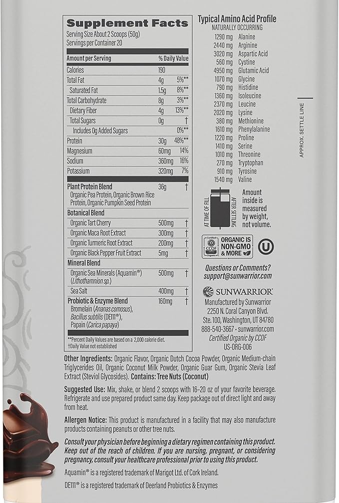 Sunwarrior Vegan Protein Powder Plant-Based USDA Organic BCAAs 30g per Serving | Sugar, Gluten, Dairy Free Non-GMO | Chocolate Flavored, 20 Servings | Active Sport