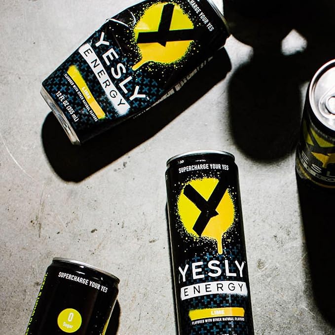 Yesly Energy Drink, Lime, Naturally Flavored Sparkling Energy Water With Electrolytes, Magnesium, Potassium, Vitamin C, B6 & B12, Natural Caffeine From Green Tea, Zero Sugar, 12 Fl Oz Cans, 12 Pack