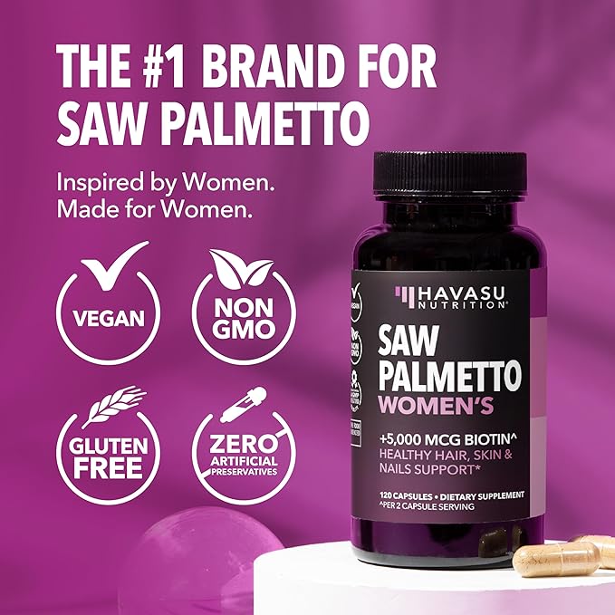 Saw Palmetto for Women with Biotin 5000mcg - Powerful DHT Blocker to Support Hair, Skin, and Nail Health - 120 Count - Vegan, Non-GMO Vitamin for Stronger, Fuller Looking Locks - 2 Month Supply