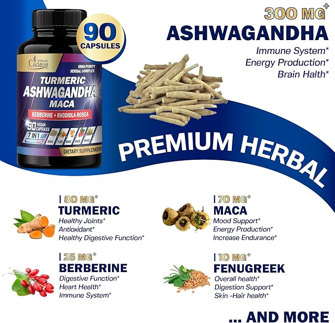 Organic Cadane Ashwagandha Supplements - Memory, Immune System & Strength Support - 7in1 Concentrated with Turmeric, Maca Root, Berberine & More - 90 Vegan Capsules for 3-Month Supply