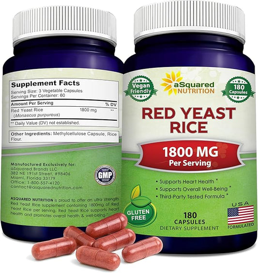 aSquared Nutrition Red Yeast Rice 1800mg - Dietary Supplement Vegan Powder Pills to Support Cardiovascular Health - 180 Veggie Capsules