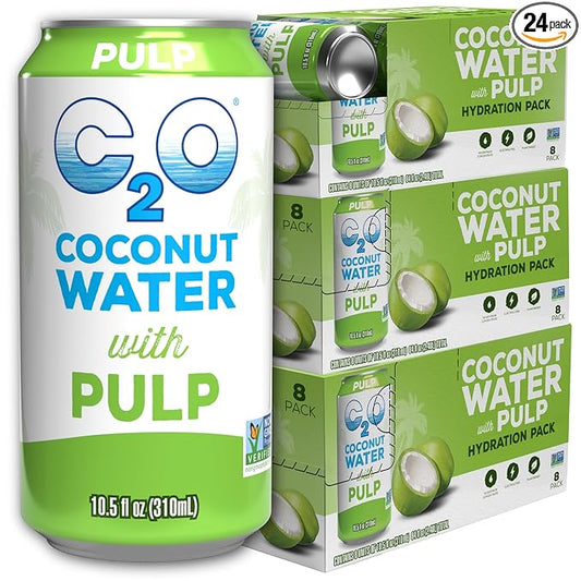 C2O - Coconut Water with Pulp (24 Pack, 3 Boxes of 8) - Made with Fresh Coconut Water - Plant Based, Non GMO Canned Water - Natural Hydration, Essential Electrolytes, & Potassium - 24 Cans, 10.5 FL OZ