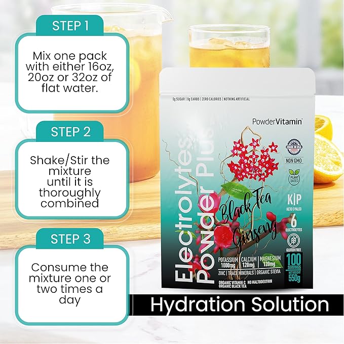 Electrolytes Powder Plus (100 Servings) Black Tea Ginseng Electrolyte Powder Keto, Sugar Free, Pink Himalayan Salt,1000mg Potassium,120mg Calcium,120mg Magnesium, Hydration Powder