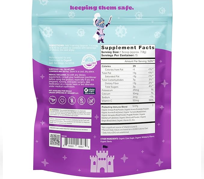 Organifi Kids: Protect - Everyday Immune Support for Kids with Elderberry, Acerola Cherry and Zinc - Berry Flavored Immunity Powder - Plant-Based, Vegan, and No Gluten, Dairy or Soy - 15 Servings