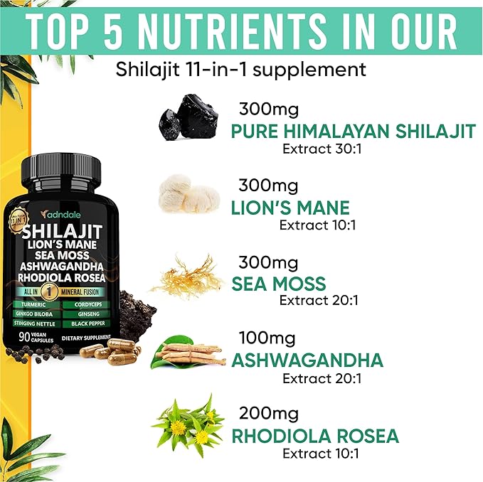 Shilajit Ultra Force 11-in-1. Pure Himalayan Organic Shilajit for Men and Women Capsules with Sea Moss Ashwagandha Rhodiola Rosea Lion’s Mane. 90 Count