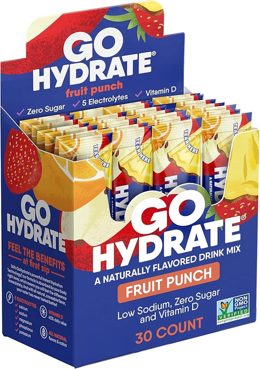 GoHydrate Instant Hydration Powder Packets - Low Sodium Electrolytes Drink Mix - Natural Hydration Support, Sugar Free Electrolyte Flavored Powder Drink with Vitamin D, 30 Packs, Fruit Punch
