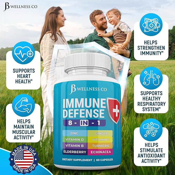 Immune Support 8 in 1 Capsules - Zinc Supplement, Vitamin D3, Vitamin C and Elderberry - Immune Booster Ginger Root, and Turmeric - [2-Pack]