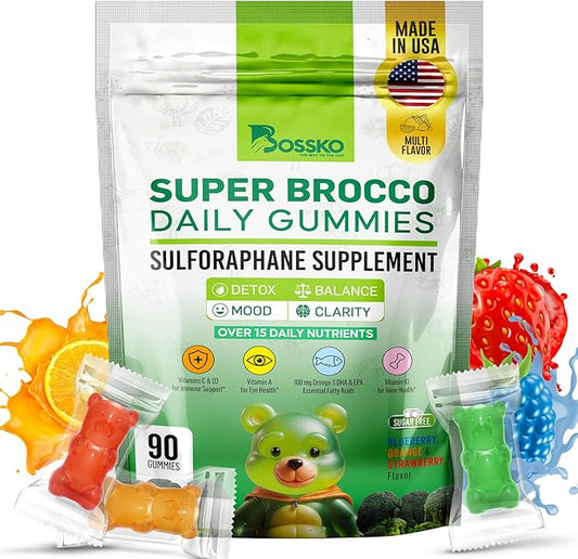Bossko Sulforaphane Supplement Gummies - Omega 3 Fish Oil (EPA/DHA) Vitamin B12 B6 Vitamin A- K & Zinc 90 Powerful Antioxidant Support-Broccoli Sprout Extract Supplement Vegan 0 Sugar Three Flavors
