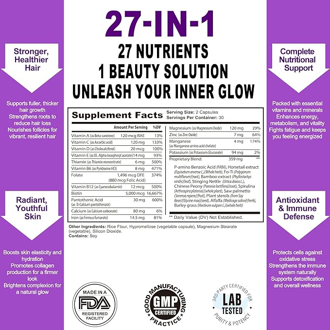 Hair, Skin & Nails – Expertly Formulated for Women with Biotin, Collagen & Antioxidants | Supports Hair Growth, Glowing Skin & Strong Nails | Non-GMO | Gluten-Free | Lactose Free