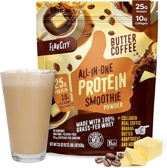 FlavCity Grass Fed Whey Protein Powder - Butter Coffee - 25g Protein, 10g Collagen & 87mg Caffeine - Made with Organic Reishi & Cordyceps - Gluten Free & No Added Sugars (20 Servings)