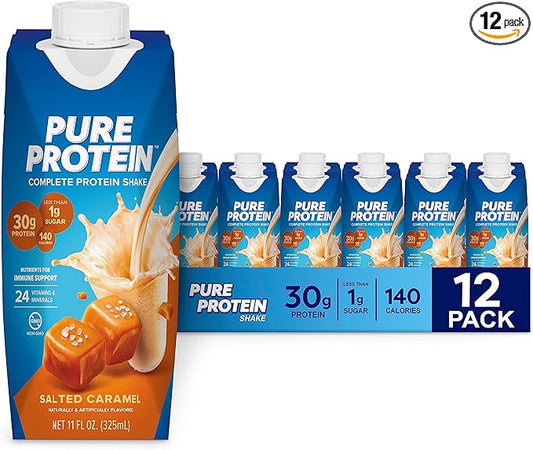 Pure Protein Salted Caramel Shake, Ready to Drink and Keto-Friendly, Vitamins A, C, D, and E Plus Zinc to Support Immune Health, 11 Oz, 12 Count