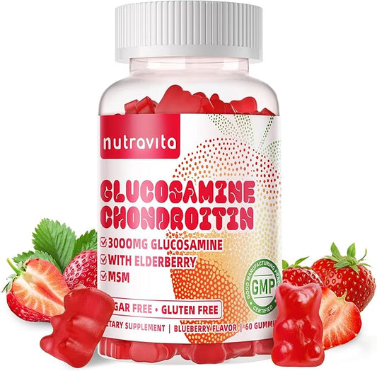 Glucosamine Chondroitin Gummies with MSM & Elderberry Extra Strength - Joint Support, Antioxidant Immune Support Supplement for Adults, Men & Women.60 Strawberry Chews
