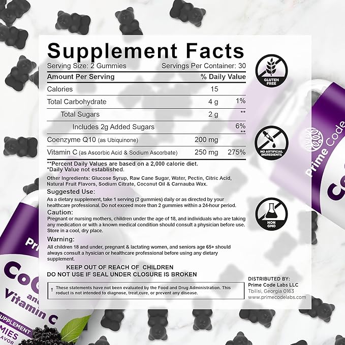 [2 in 1] CoQ10 200mg & Vitamin C 250mg Gummies – Supports Heart Health, Immune System & Cellular Energy – Vegan, Non-GMO, Gluten-Free – Elderberry – CoQ10 Supplement for Energy & Antioxidant Support
